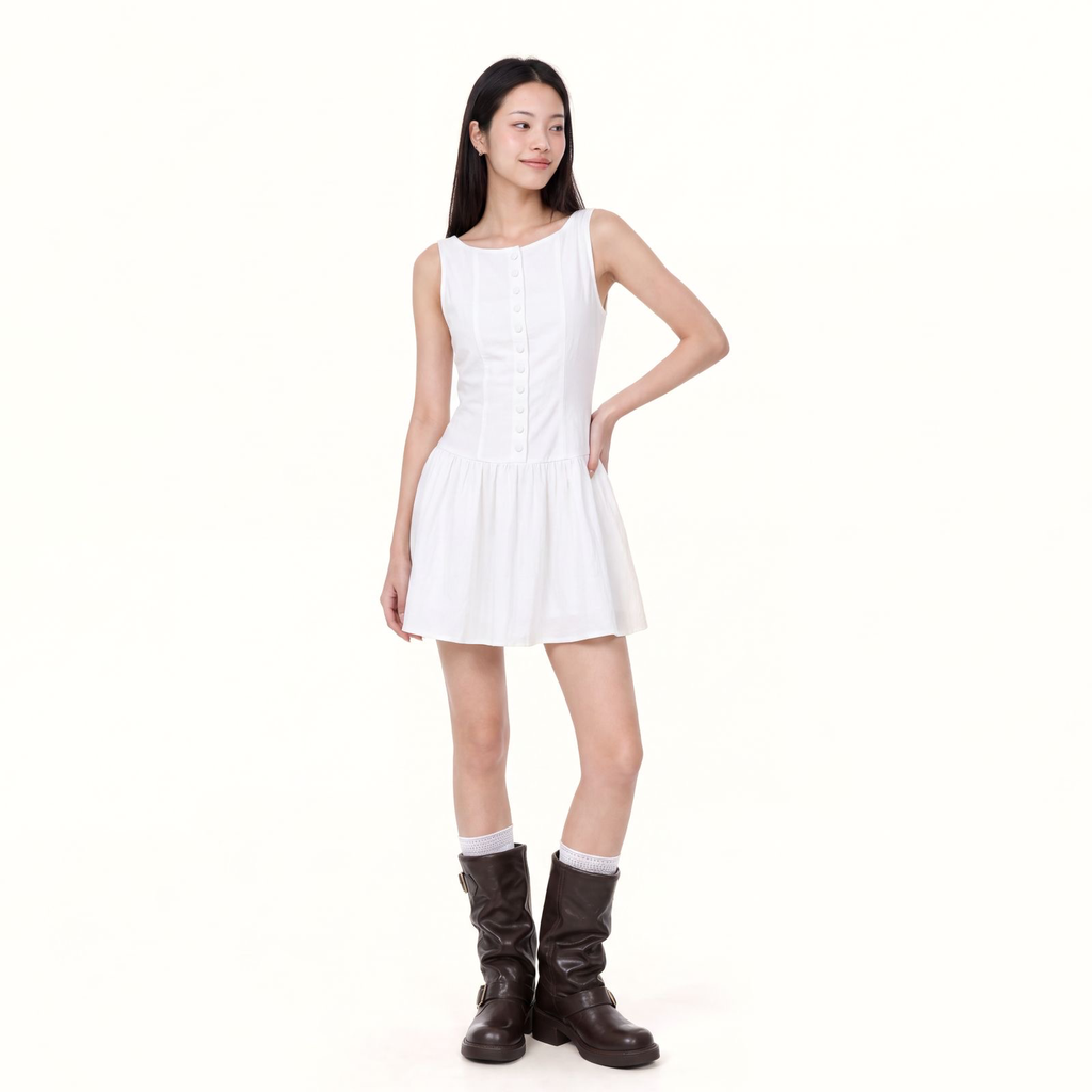 Button Up Mini Dress (White, Small)