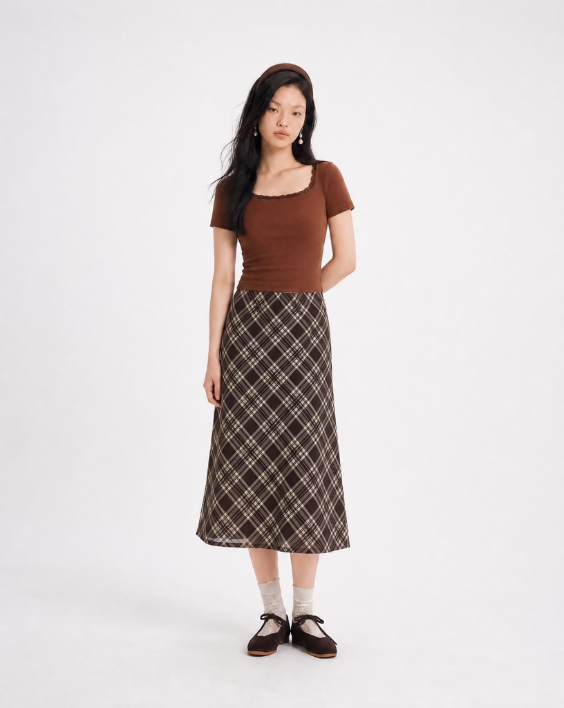 Square Neck Lace Top (Brown, Small)