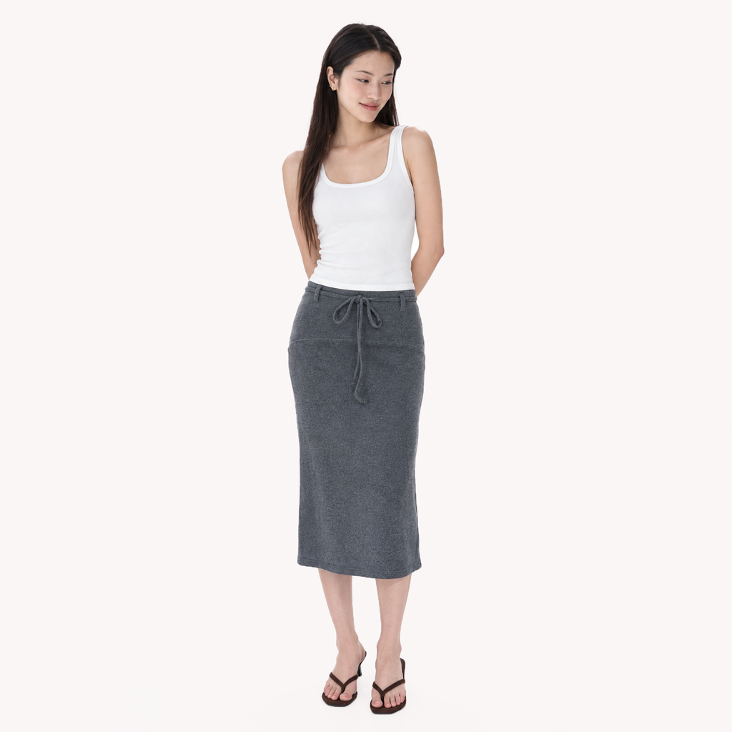 Drawstring Midi Skirt (Grey, XS)