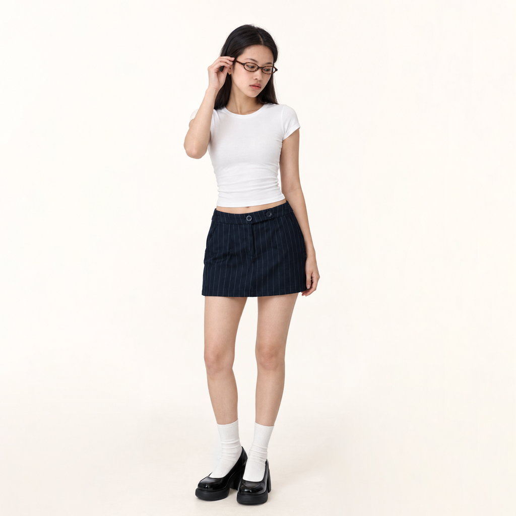 Button Front Mini Skirt (Navy, Small)