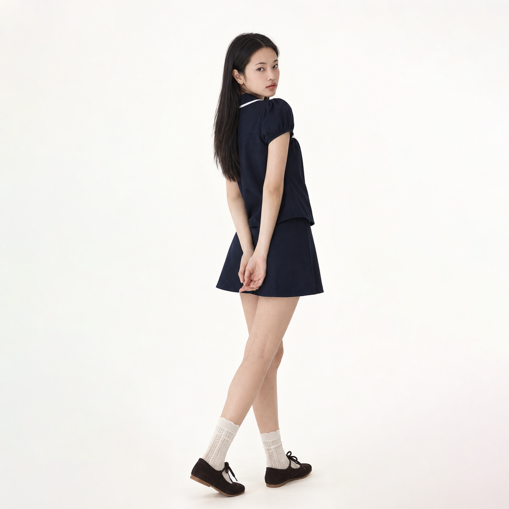 Piped Collar Top (Navy, Small)